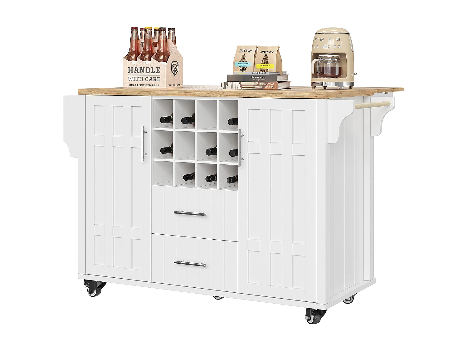 Isola cucina mobile - Piano estendibile - 2 cassetti e 2 ante con ripiani - con portasciugamani - MDF - bianco + naturale