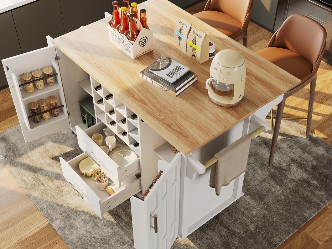 Ilha de cozinha móvel - Tampos extensíveis - 2 gavetas e 2 portas com prateleiras - com toalheiro - MDF - branco + natural