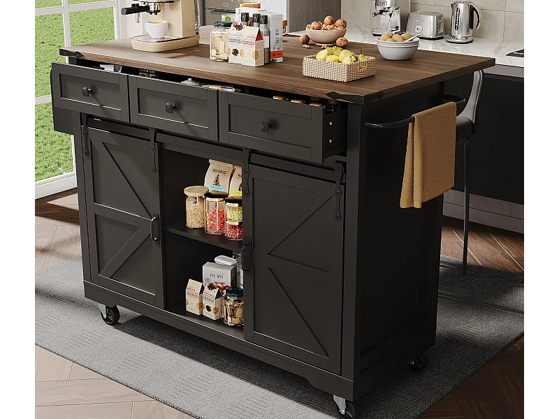 Ilot central de cuisine mobile - plateau extensible - 3 tiroirs et 2 portes coulissantes - avec porte-serviettes - MDF - noir + naturel