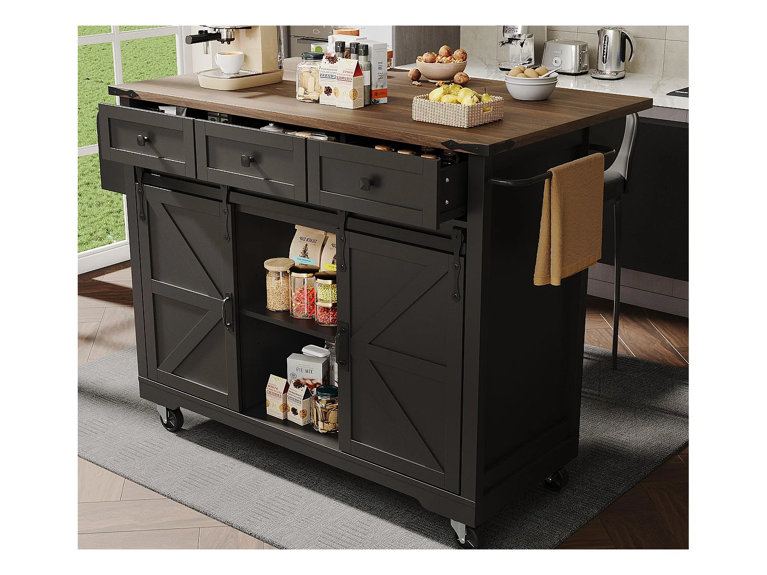 Ilha de cozinha central móvel - bancada extensível - com 3 gavetas e 2 portas corrediças - com toalheiro - MDF - preto + natural