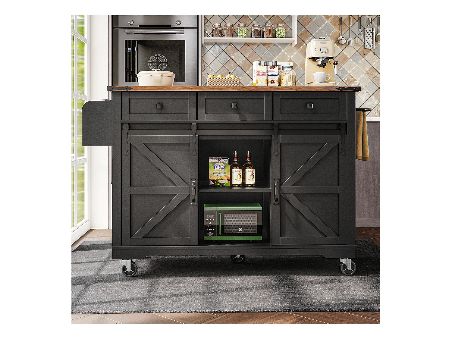 Ilha de cozinha central móvel - bancada extensível - com 3 gavetas e 2 portas corrediças - com toalheiro - MDF - preto + natural