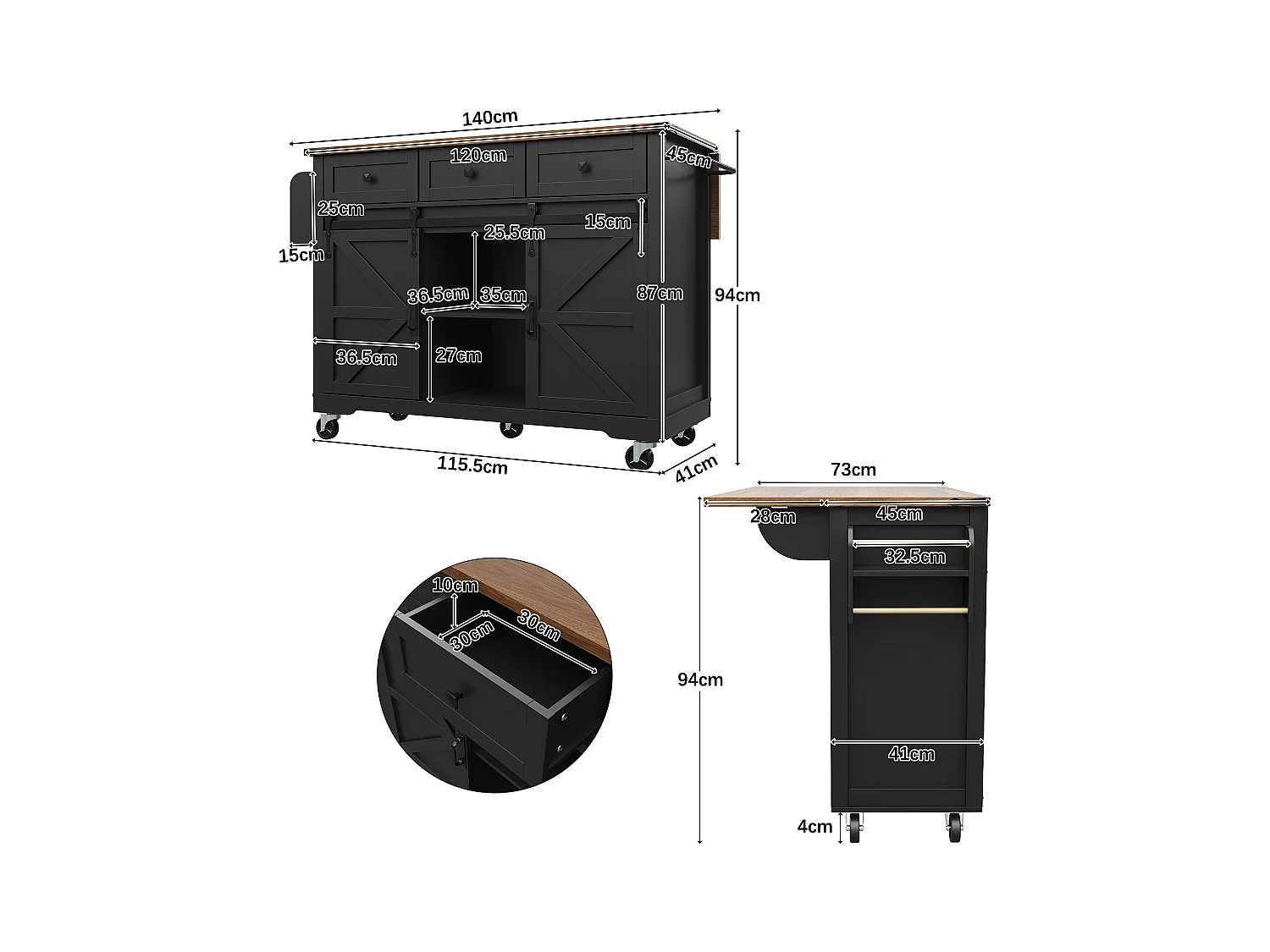 Ilha de cozinha central móvel - bancada extensível - com 3 gavetas e 2 portas corrediças - com toalheiro - MDF - preto + natural