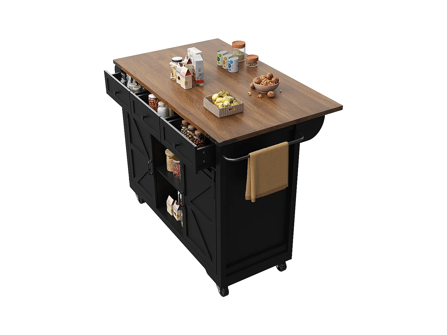 Ilha de cozinha central móvel - bancada extensível - com 3 gavetas e 2 portas corrediças - com toalheiro - MDF - preto + natural