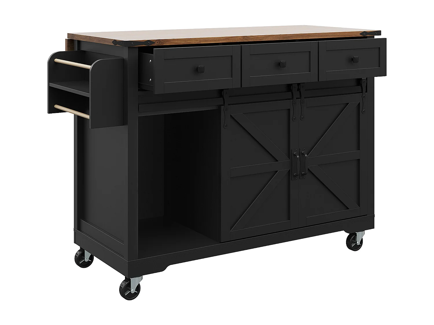 Ilha de cozinha central móvel - bancada extensível - com 3 gavetas e 2 portas corrediças - com toalheiro - MDF - preto + natural