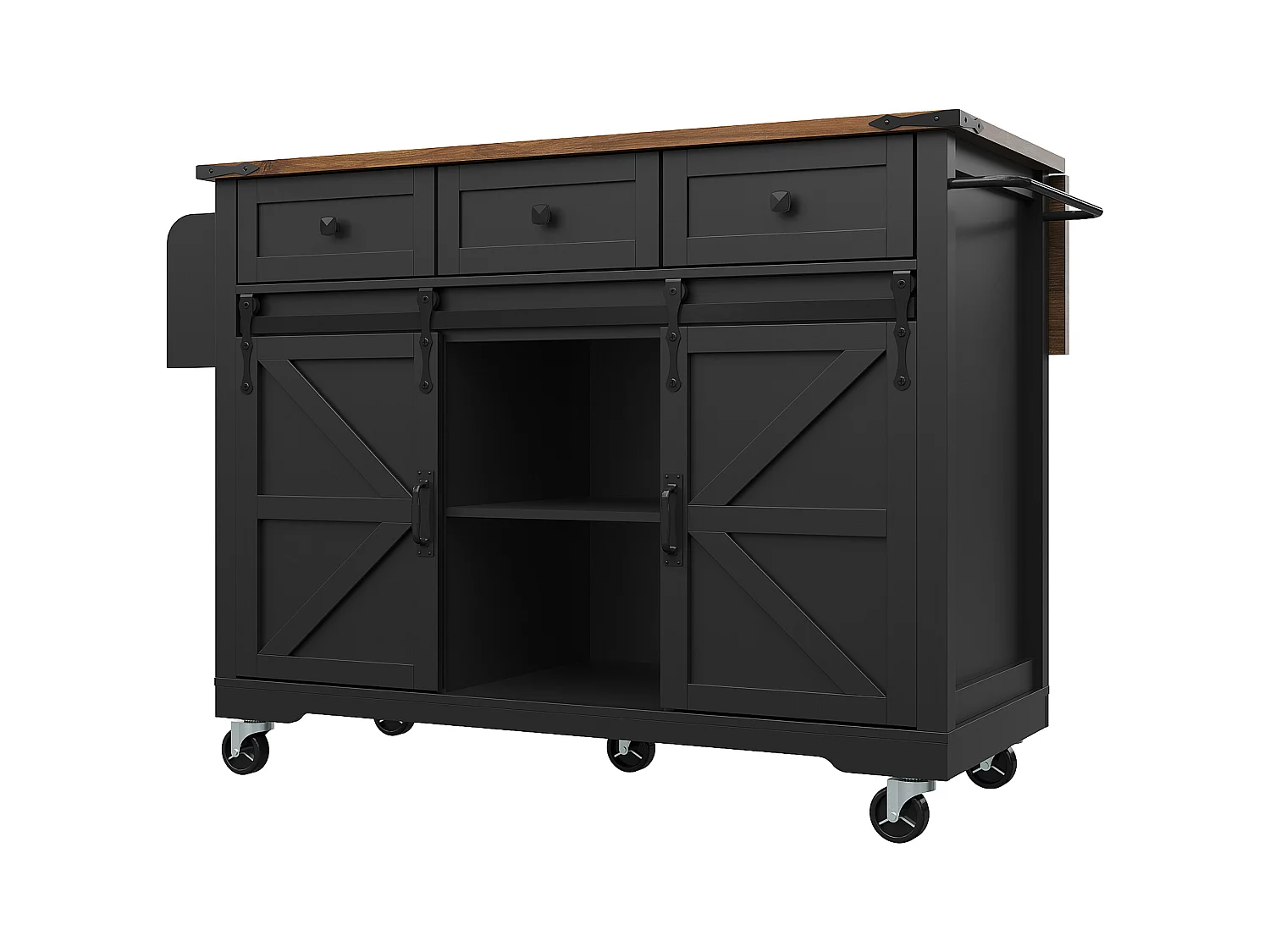 Ilha de cozinha central móvel - bancada extensível - com 3 gavetas e 2 portas corrediças - com toalheiro - MDF - preto + natural