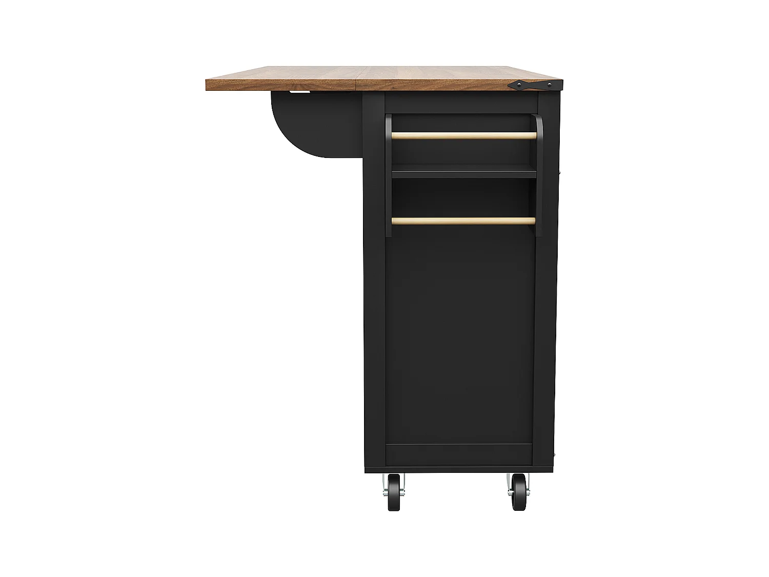 Ilha de cozinha central móvel - bancada extensível - com 3 gavetas e 2 portas corrediças - com toalheiro - MDF - preto + natural