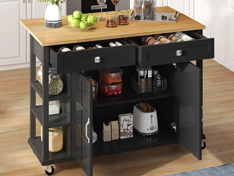 Ilot central de cuisine mobile - plateau extensible - 2 tiroirs et 2 portes - MDF - Noir