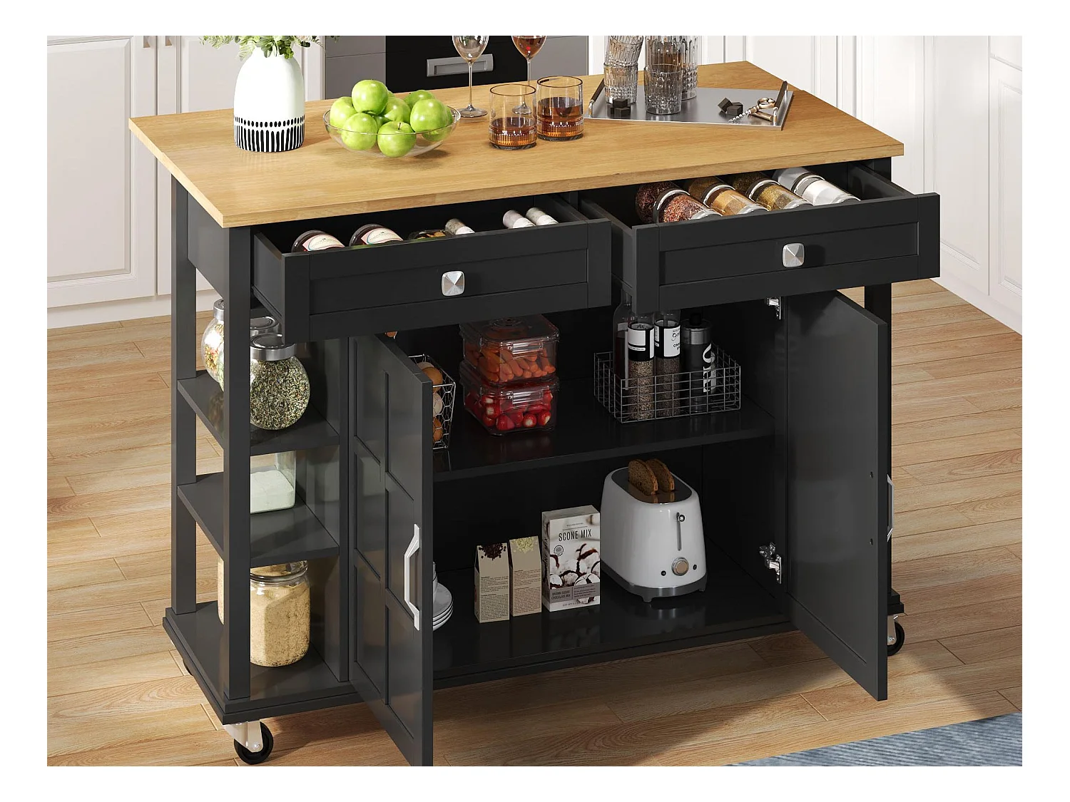 Ilot central de cuisine mobile - plateau extensible - 2 tiroirs et 2 portes - MDF - Noir