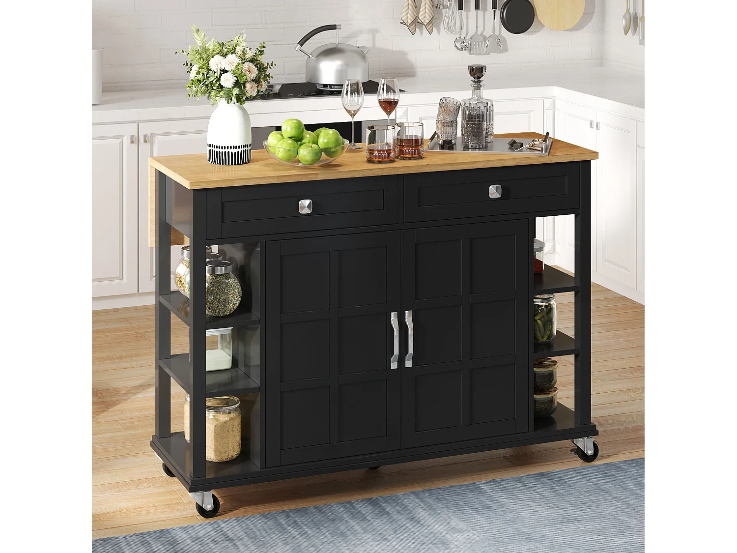 Ilot central de cuisine mobile - plateau extensible - 2 tiroirs et 2 portes - MDF - Noir