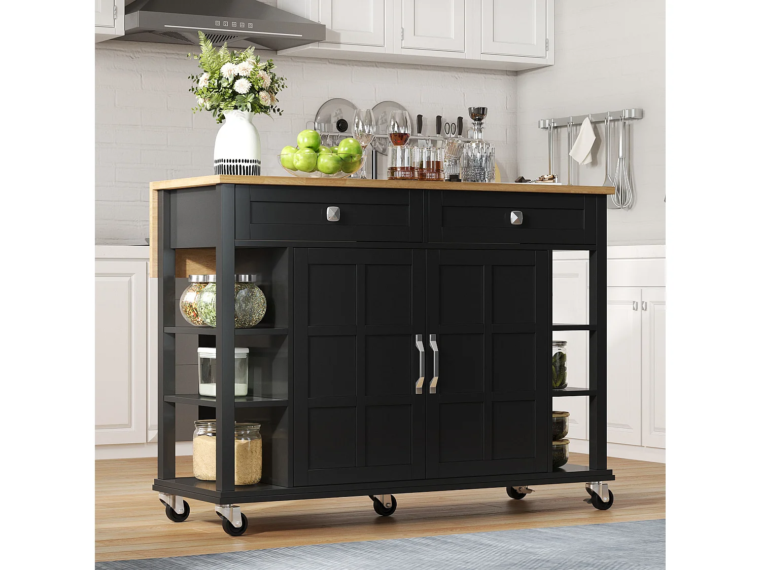 Ilot central de cuisine mobile - plateau extensible - 2 tiroirs et 2 portes - MDF - Noir