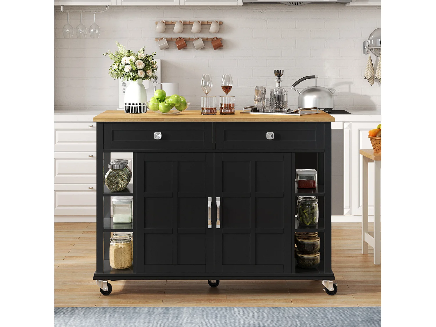 Ilot central de cuisine mobile - plateau extensible - 2 tiroirs et 2 portes - MDF - Noir