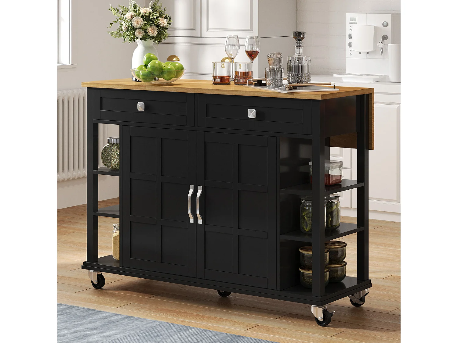 Ilot central de cuisine mobile - plateau extensible - 2 tiroirs et 2 portes - MDF - Noir