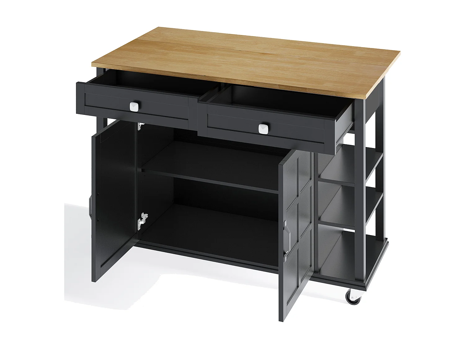 Ilot central de cuisine mobile - plateau extensible - 2 tiroirs et 2 portes - MDF - Noir