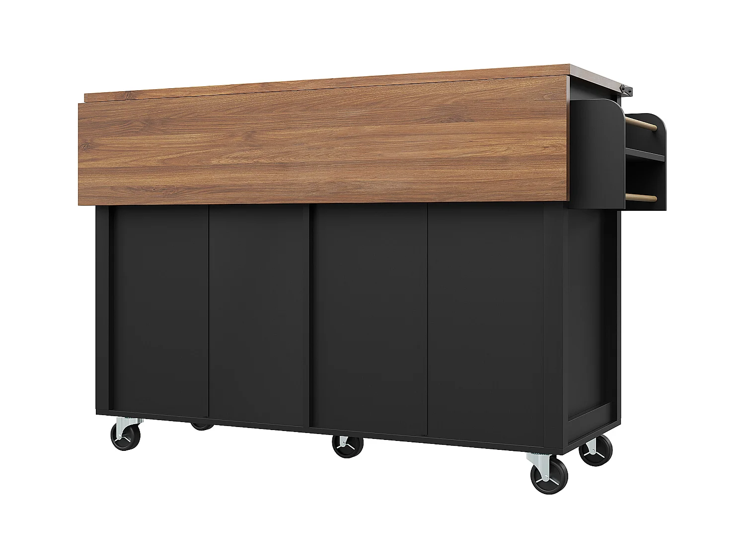 Mobilna wyspa kuchenna - blat rozsuwany - 2 szuflady i 4 drzwi - z wieszakiem na ręczniki - MDF - czarny + naturalny