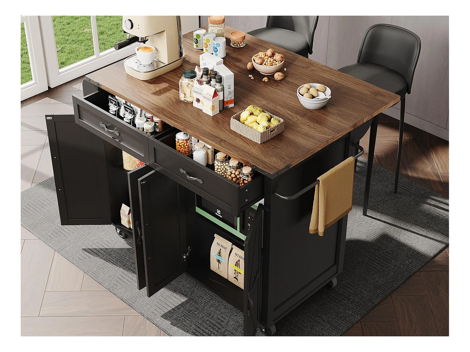 Isla de cocina central móvil - encimera extensible - 2 cajones y 4 puertas - con toallero - MDF - negro + natural