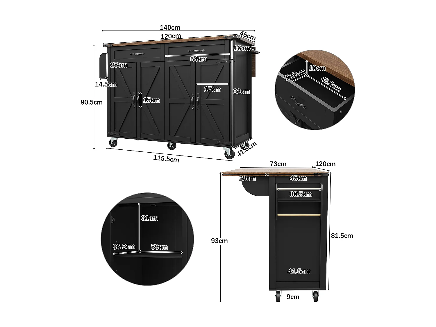 Ilot central de cuisine mobile - plateau extensible - 2 tiroirs et 4 portes - avec porte-serviettes - MDF - noir + naturel