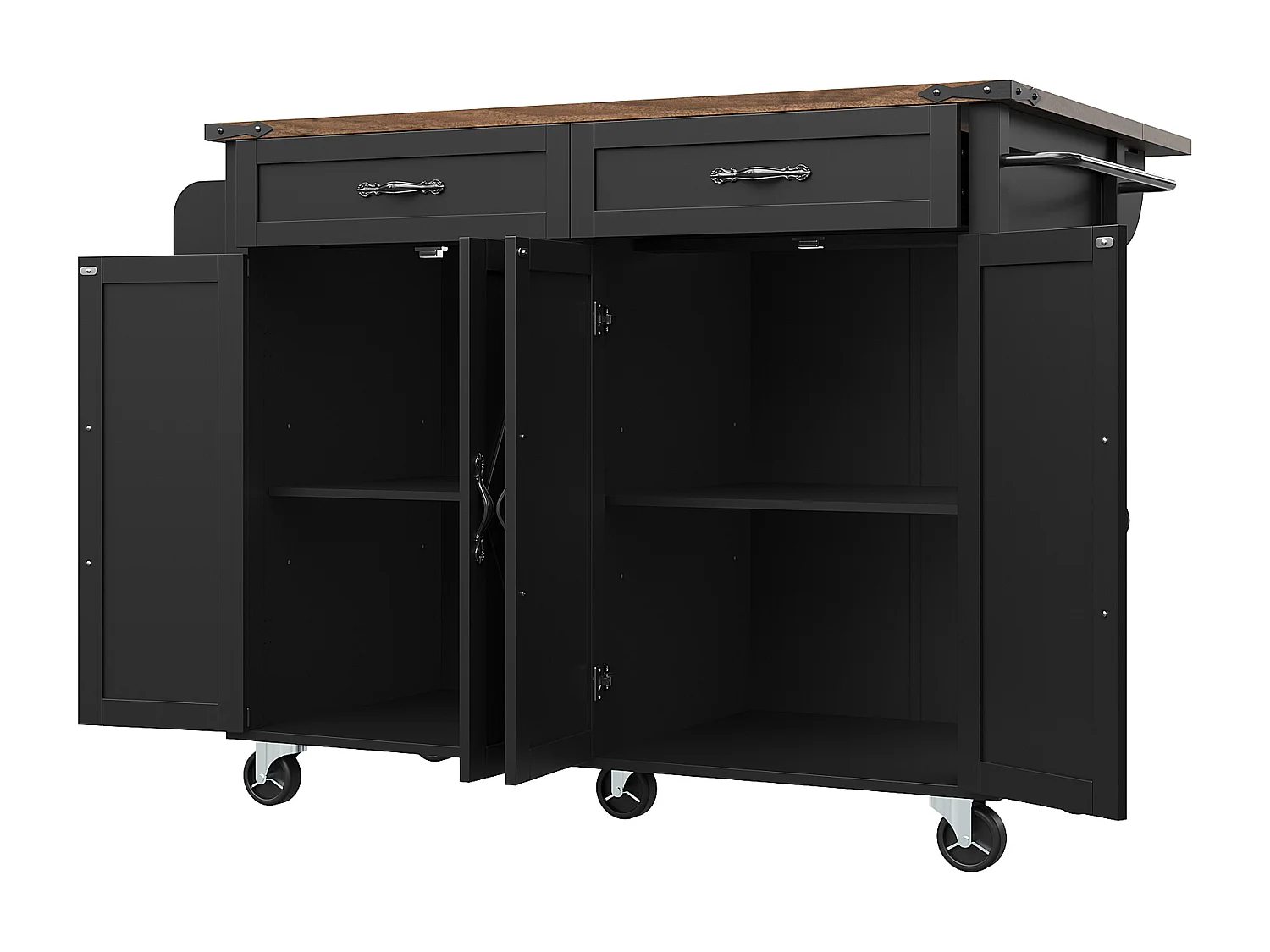 Ilot central de cuisine mobile - plateau extensible - 2 tiroirs et 4 portes - avec porte-serviettes - MDF - noir + naturel