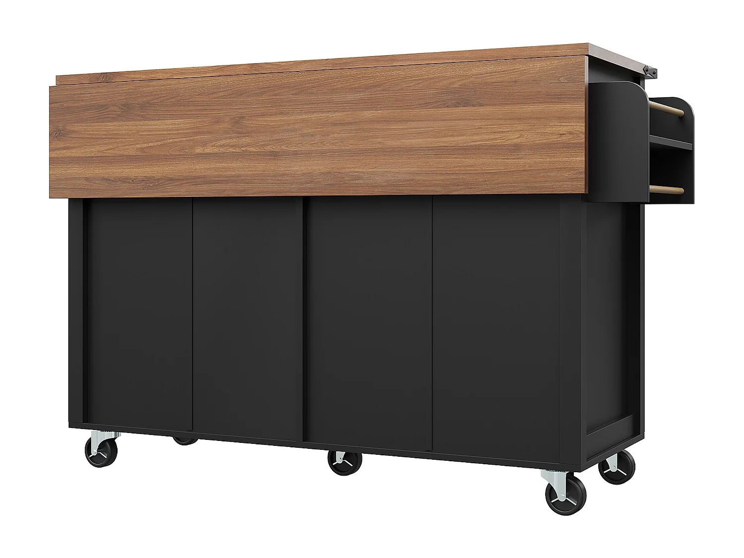Ilot central de cuisine mobile - plateau extensible - 2 tiroirs et 4 portes - avec porte-serviettes - MDF - noir + naturel
