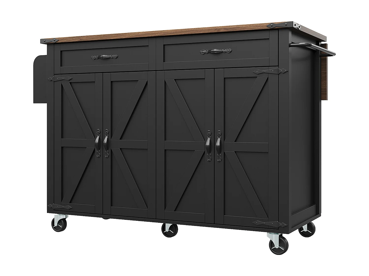 Ilot central de cuisine mobile - plateau extensible - 2 tiroirs et 4 portes - avec porte-serviettes - MDF - noir + naturel