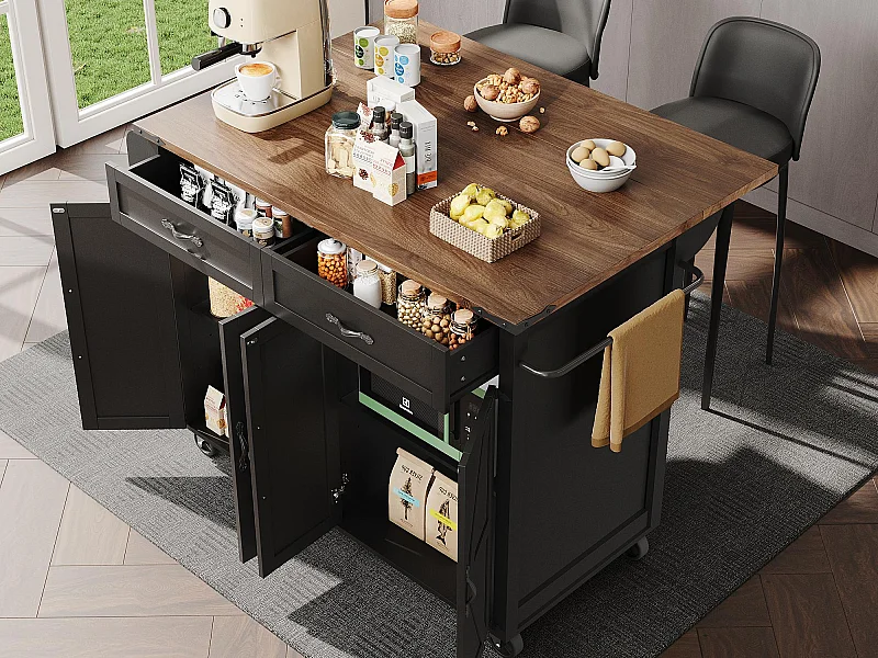 Ilot central de cuisine mobile - plateau extensible - 2 tiroirs et 4 portes - avec porte-serviettes - MDF - noir + naturel