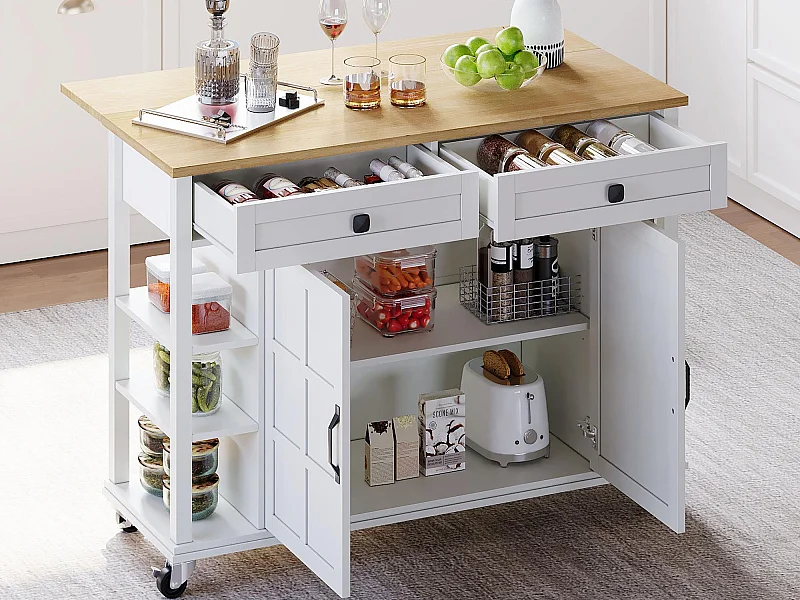 Ilot central de cuisine mobile - plateau extensible - 2 tiroirs et 2 portes - MDF - Blanc