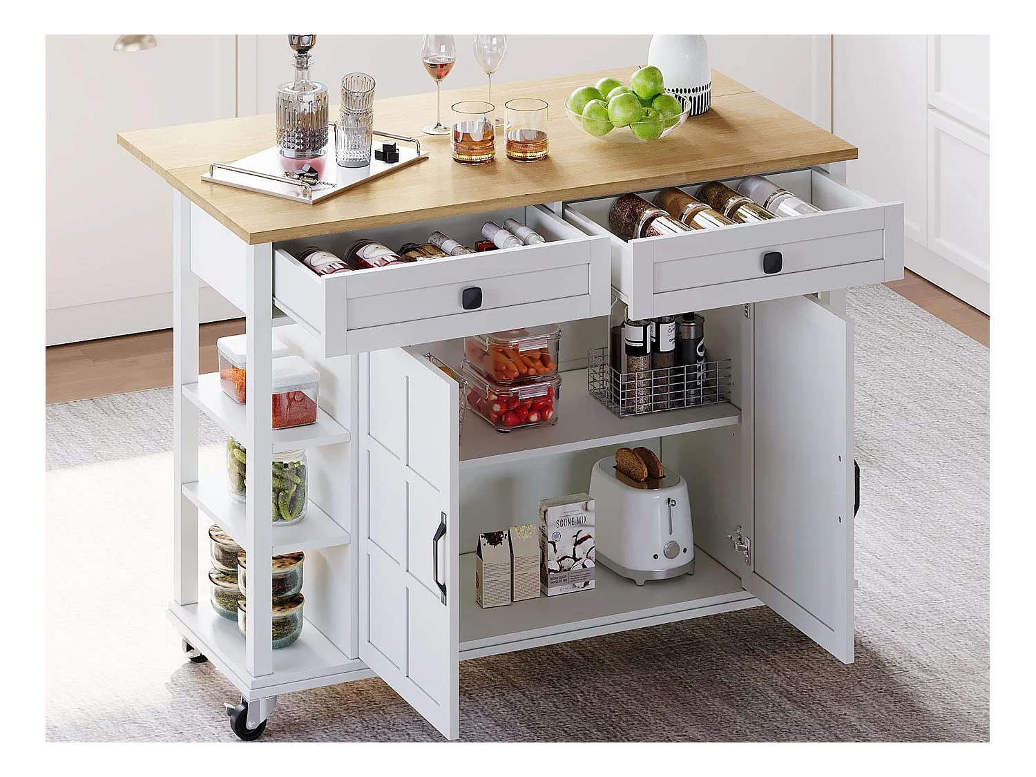 Ilot central de cuisine mobile - plateau extensible - 2 tiroirs et 2 portes - MDF - Blanc