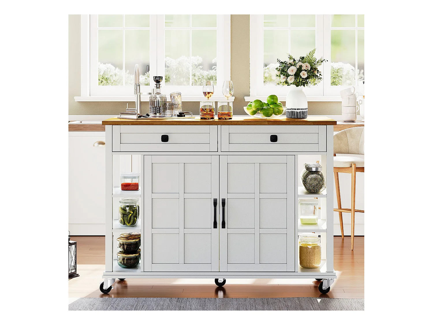 Ilot central de cuisine mobile - plateau extensible - 2 tiroirs et 2 portes - MDF - Blanc