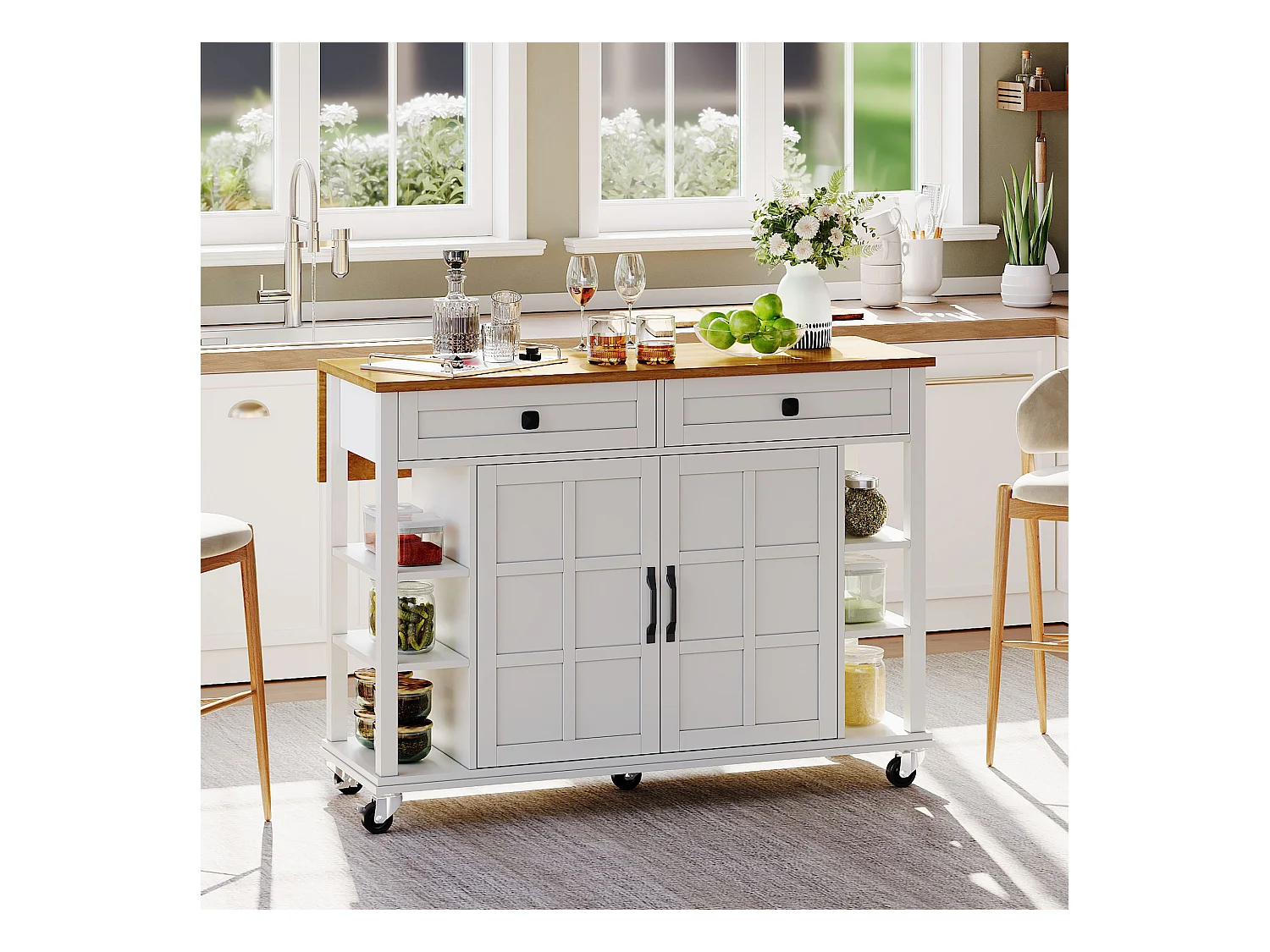 Ilot central de cuisine mobile - plateau extensible - 2 tiroirs et 2 portes - MDF - Blanc