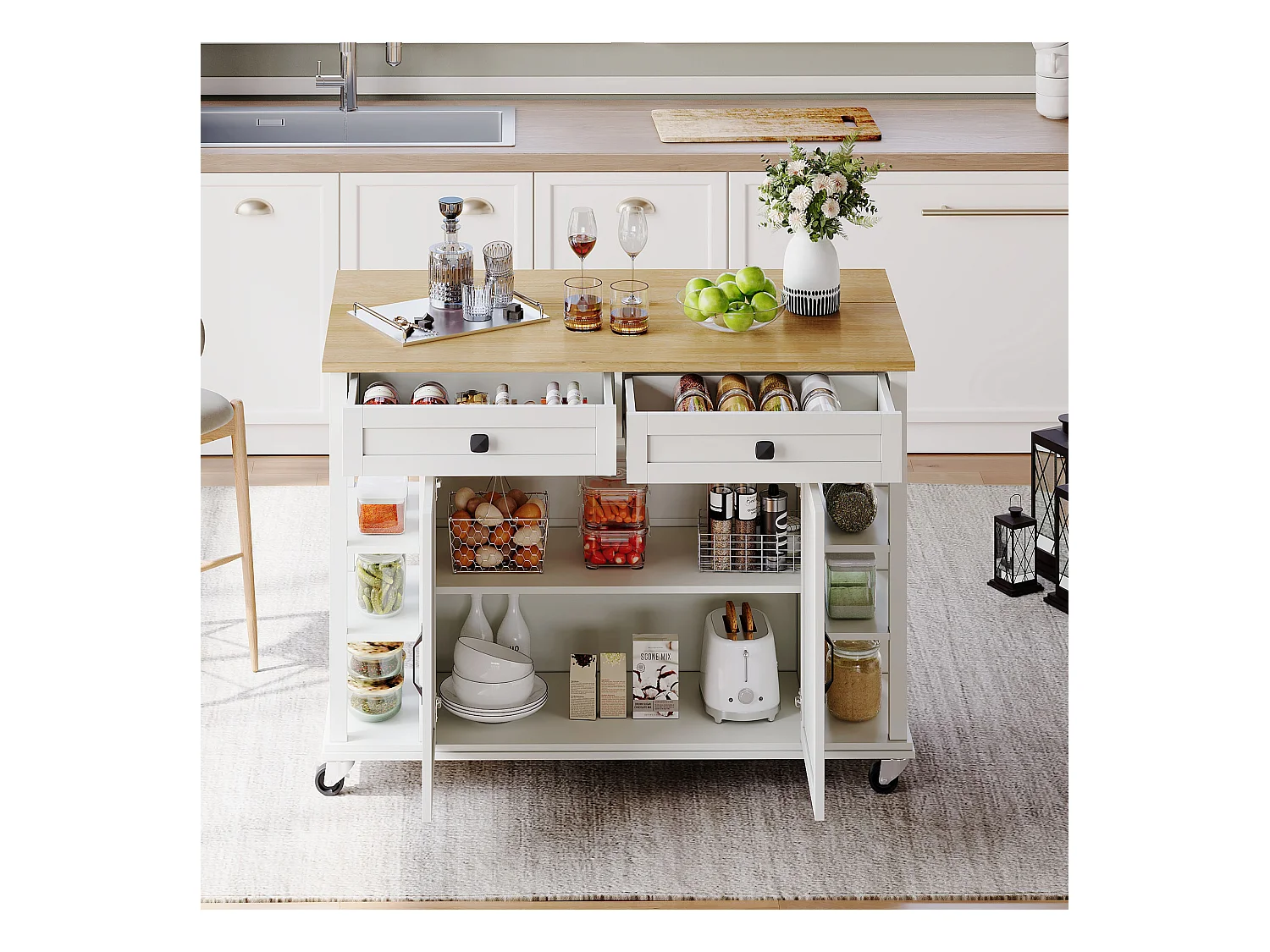 Ilot central de cuisine mobile - plateau extensible - 2 tiroirs et 2 portes - MDF - Blanc