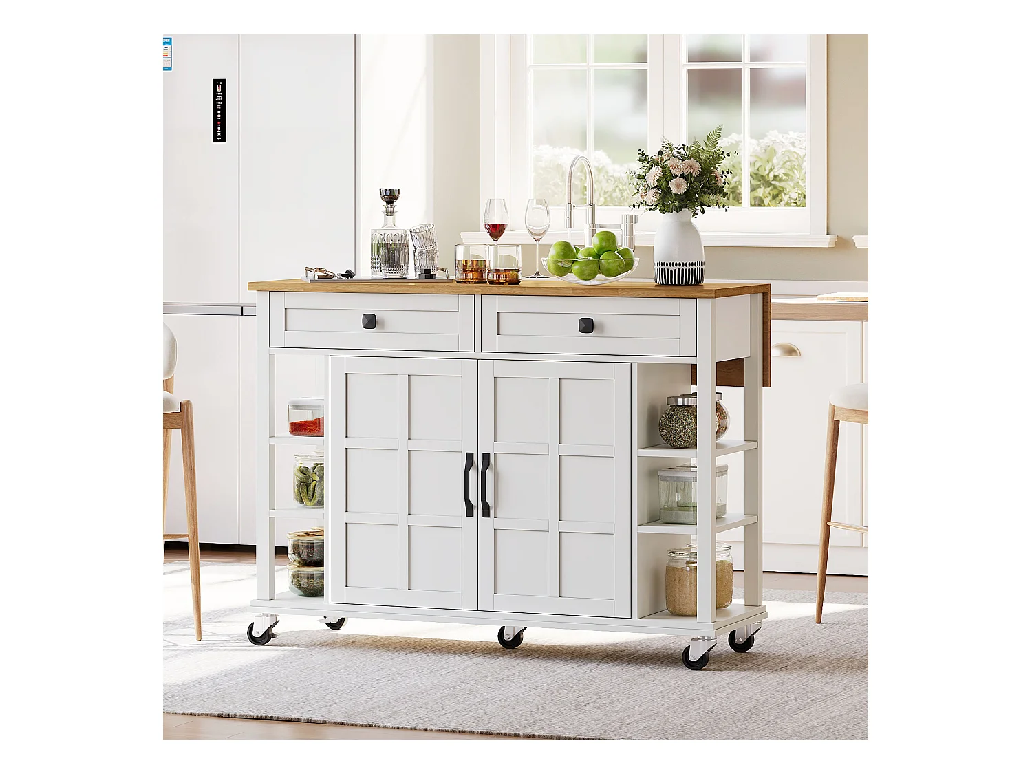 Ilot central de cuisine mobile - plateau extensible - 2 tiroirs et 2 portes - MDF - Blanc
