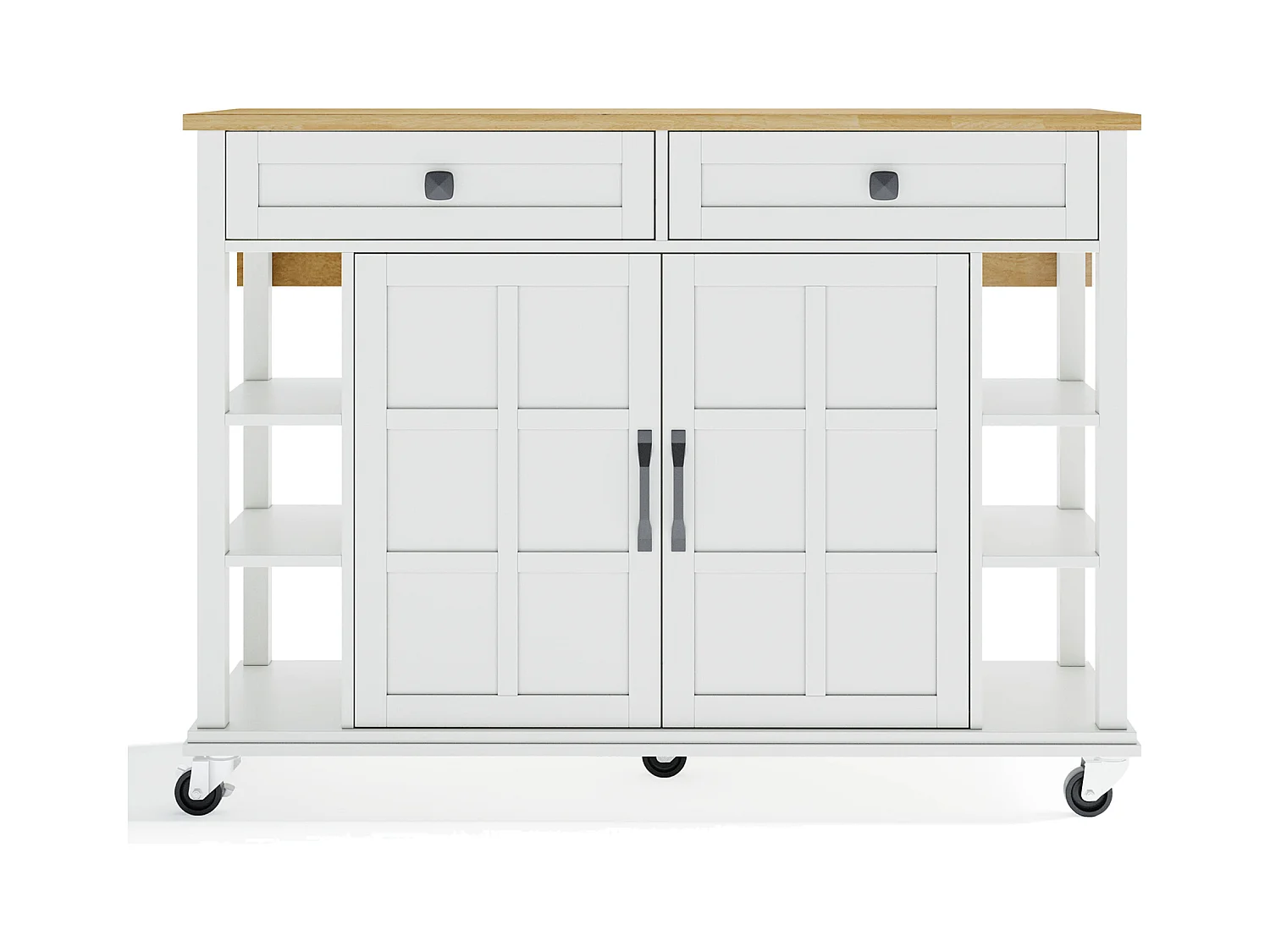 Ilot central de cuisine mobile - plateau extensible - 2 tiroirs et 2 portes - MDF - Blanc