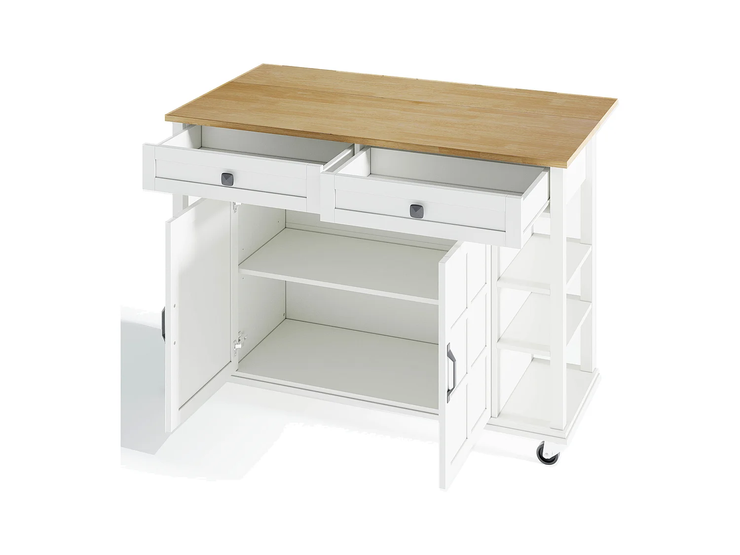 Ilot central de cuisine mobile - plateau extensible - 2 tiroirs et 2 portes - MDF - Blanc