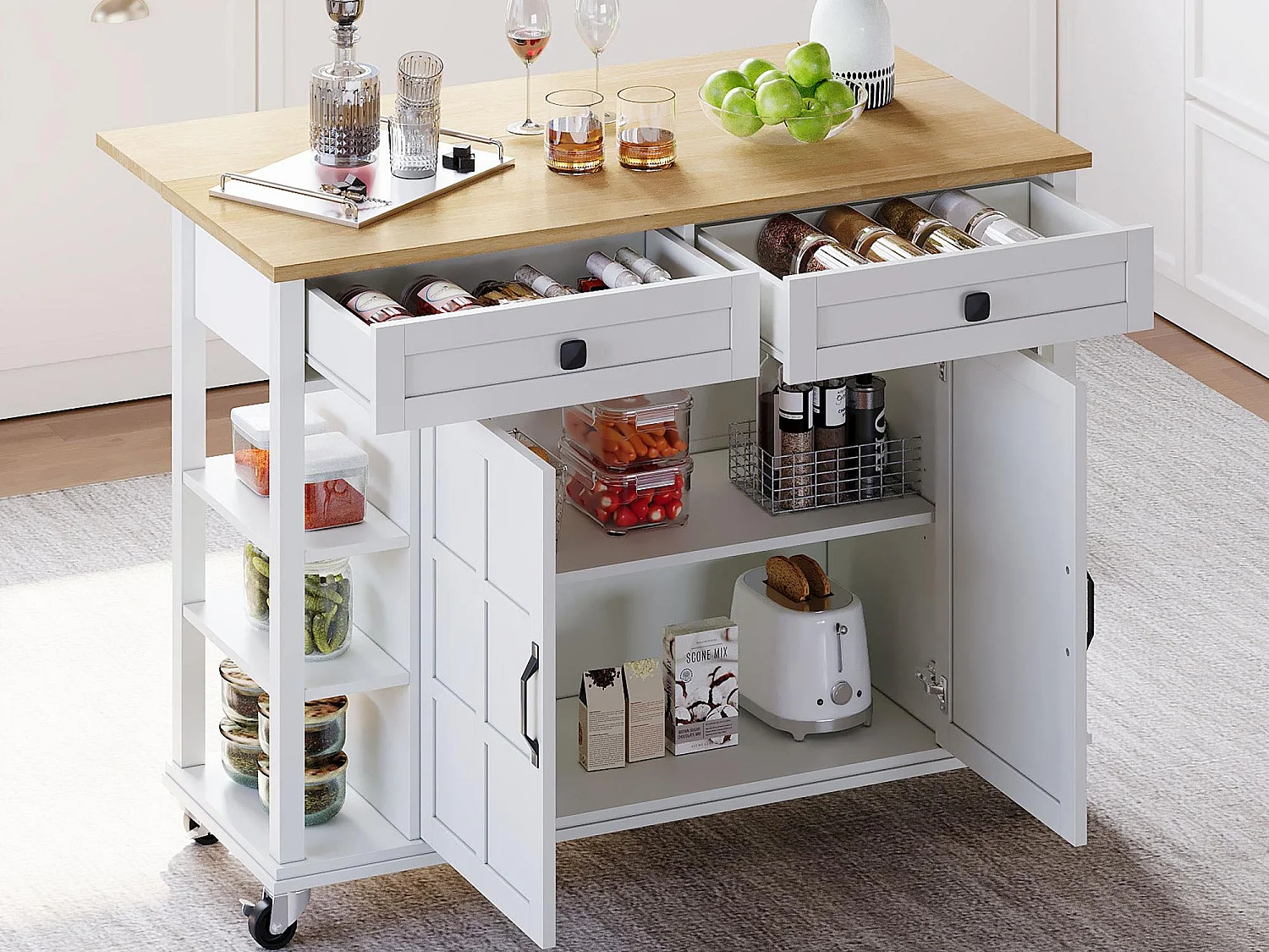 Ilot central de cuisine mobile - plateau extensible - 2 tiroirs et 2 portes - MDF - Blanc