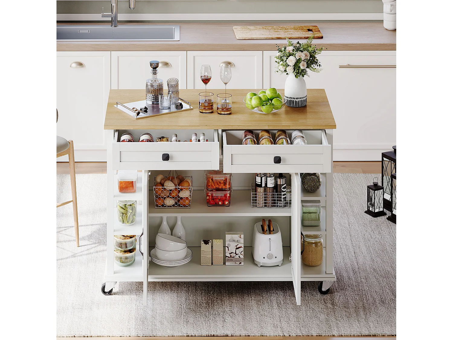 Ilot central de cuisine mobile - plateau extensible - 2 tiroirs et 2 portes - MDF - Blanc