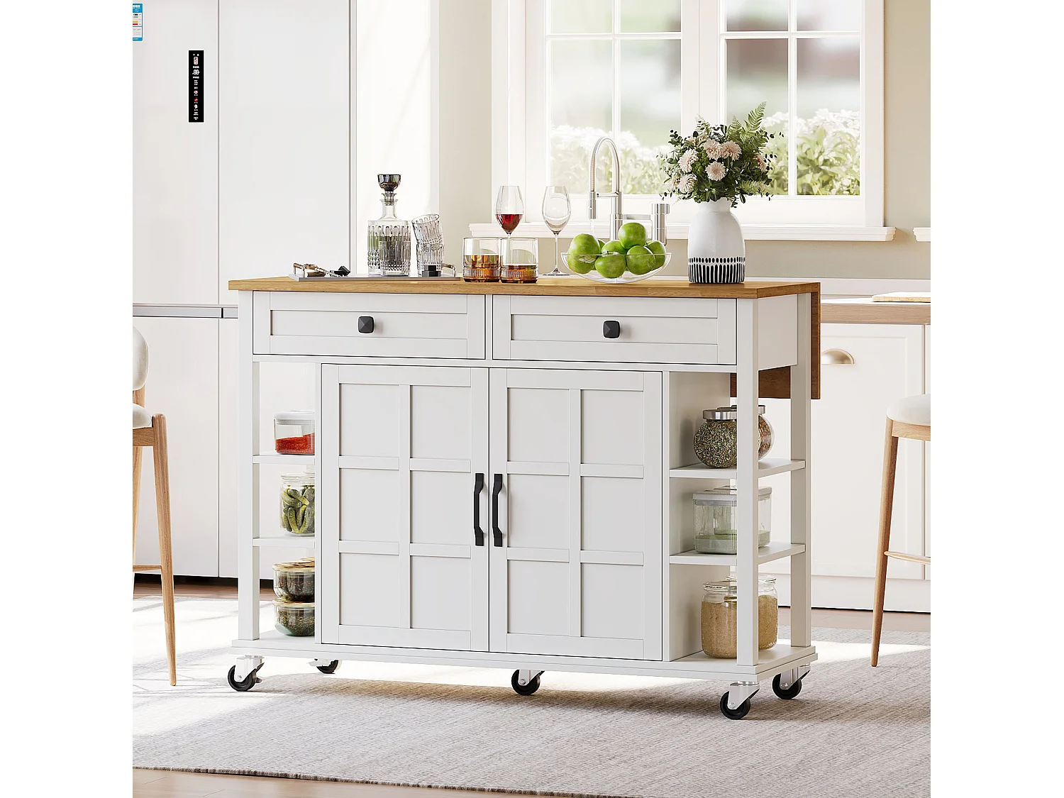Ilot central de cuisine mobile - plateau extensible - 2 tiroirs et 2 portes - MDF - Blanc