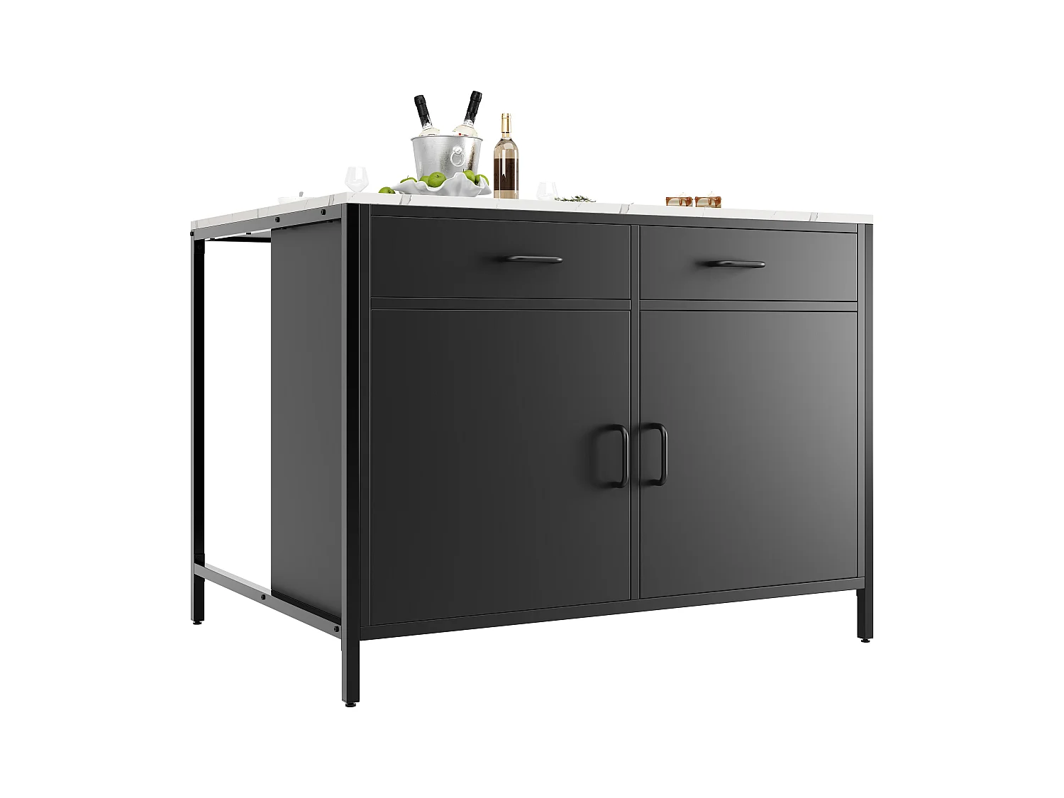 Ilot central de cuisine - 2 tiroirs et 2 portes - Texture de marbre - MDF - noir + blanc