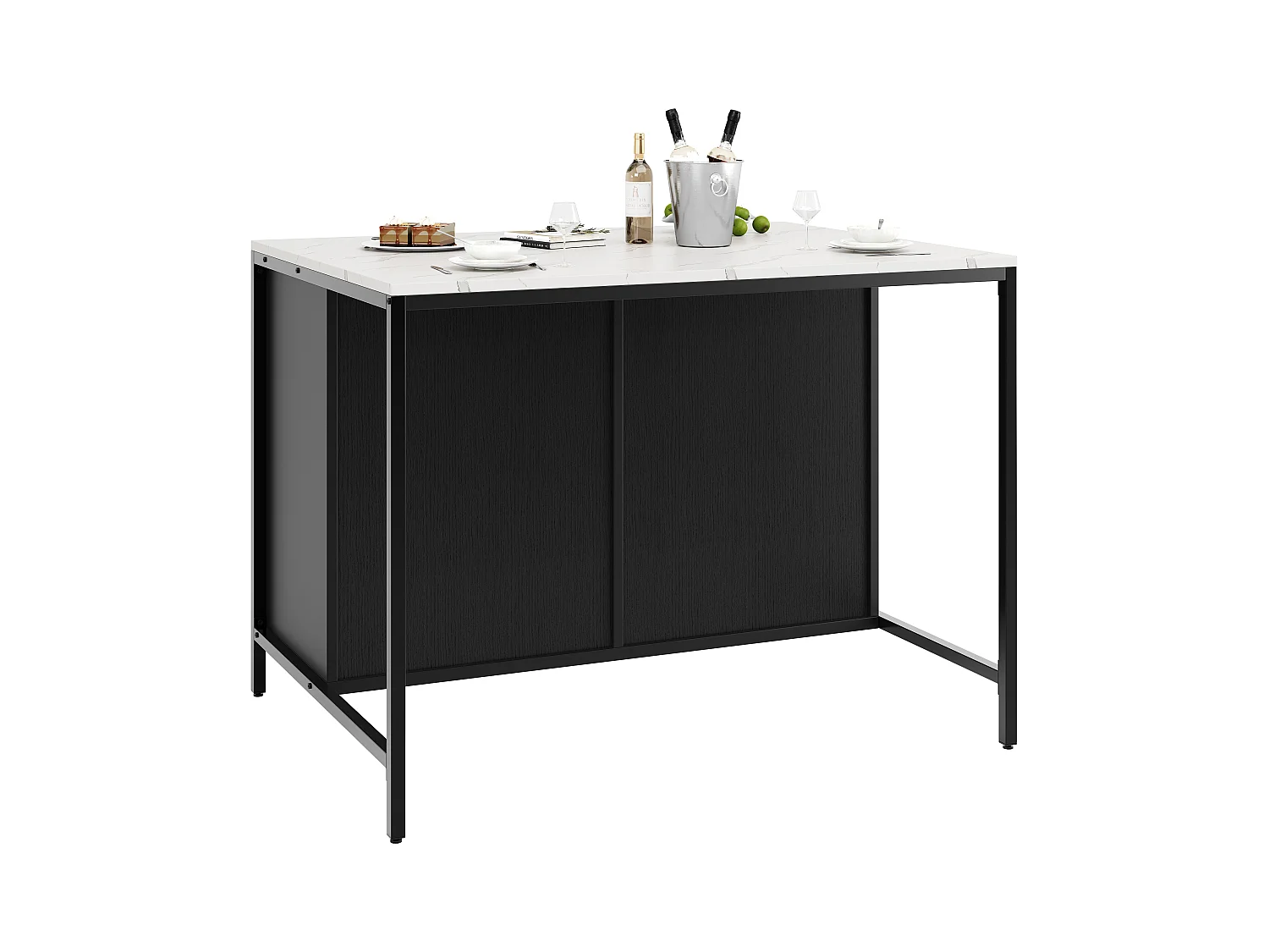 Ilot central de cuisine - 2 tiroirs et 2 portes - Texture de marbre - MDF - noir + blanc