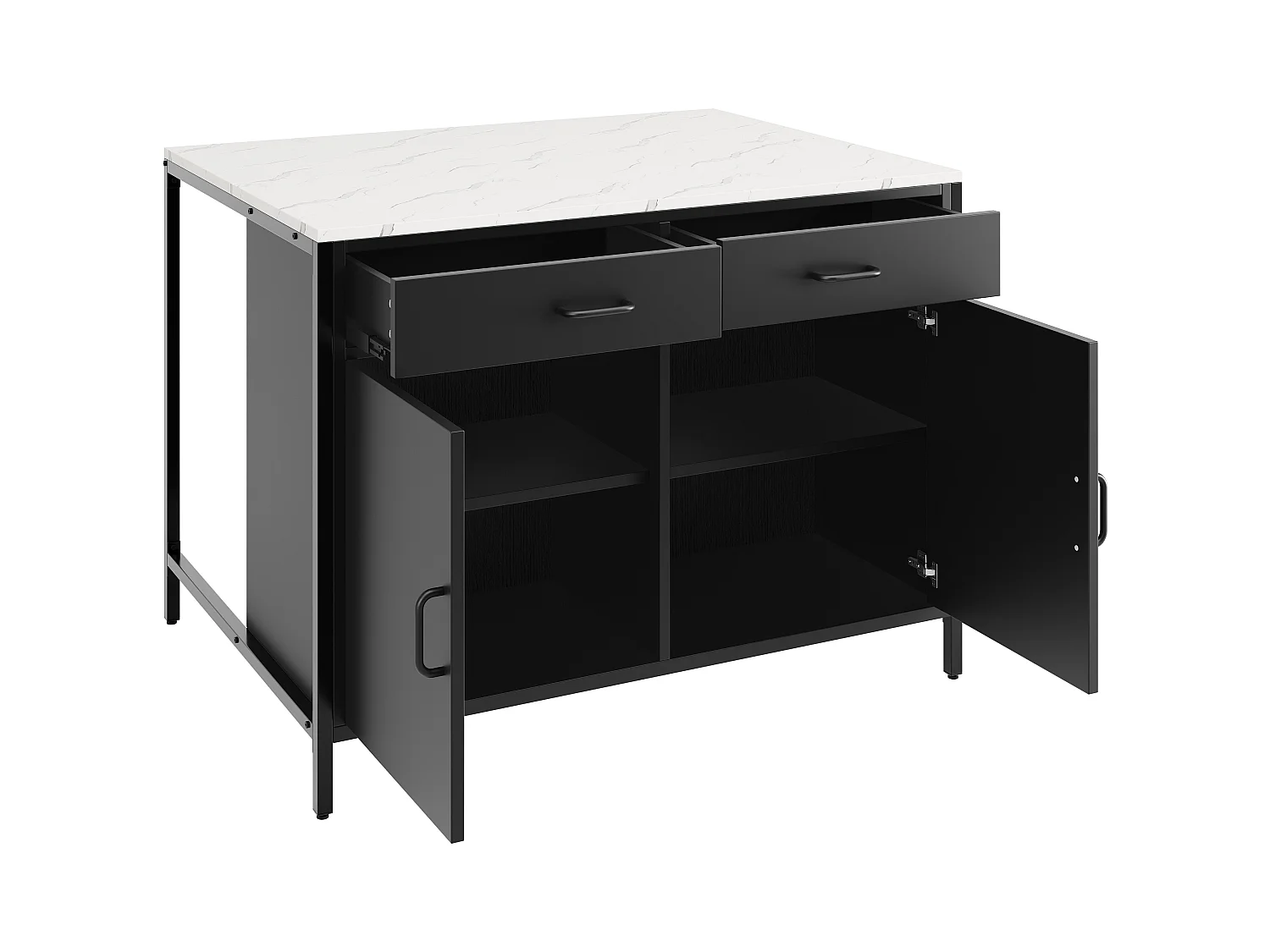Ilot central de cuisine - 2 tiroirs et 2 portes - Texture de marbre - MDF - noir + blanc
