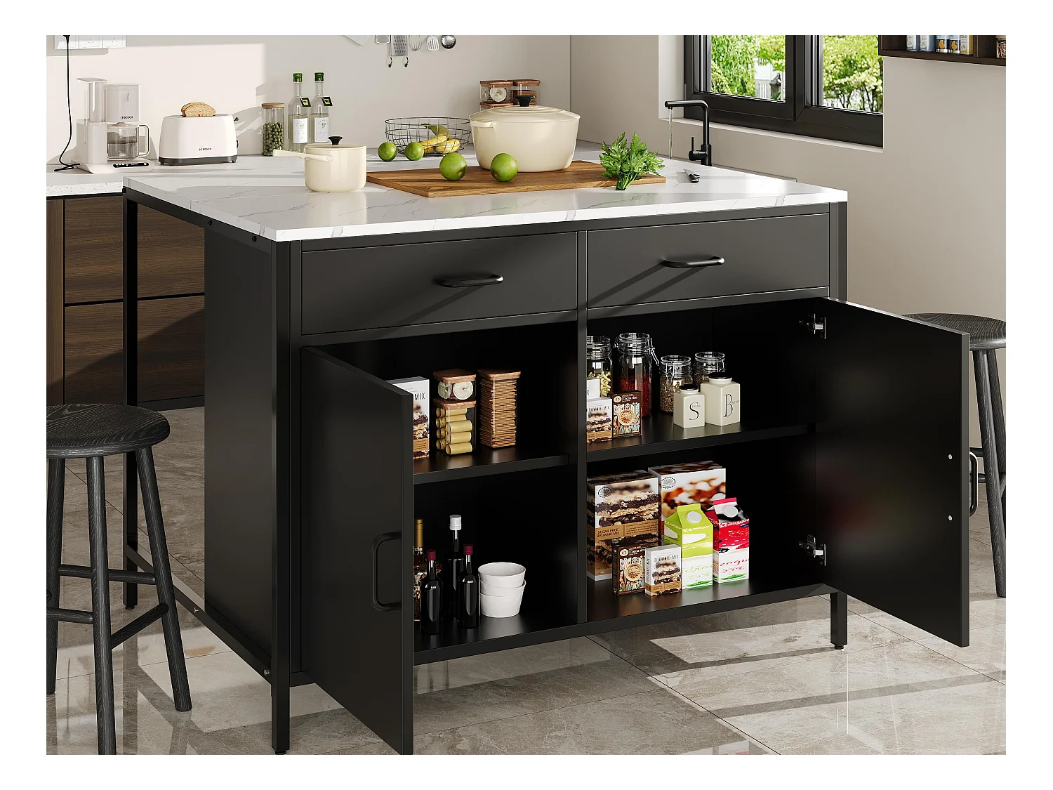 Isla central de cocina - 2 cajones y 2 puertas - Textura de mármol - MDF - negro + blanco