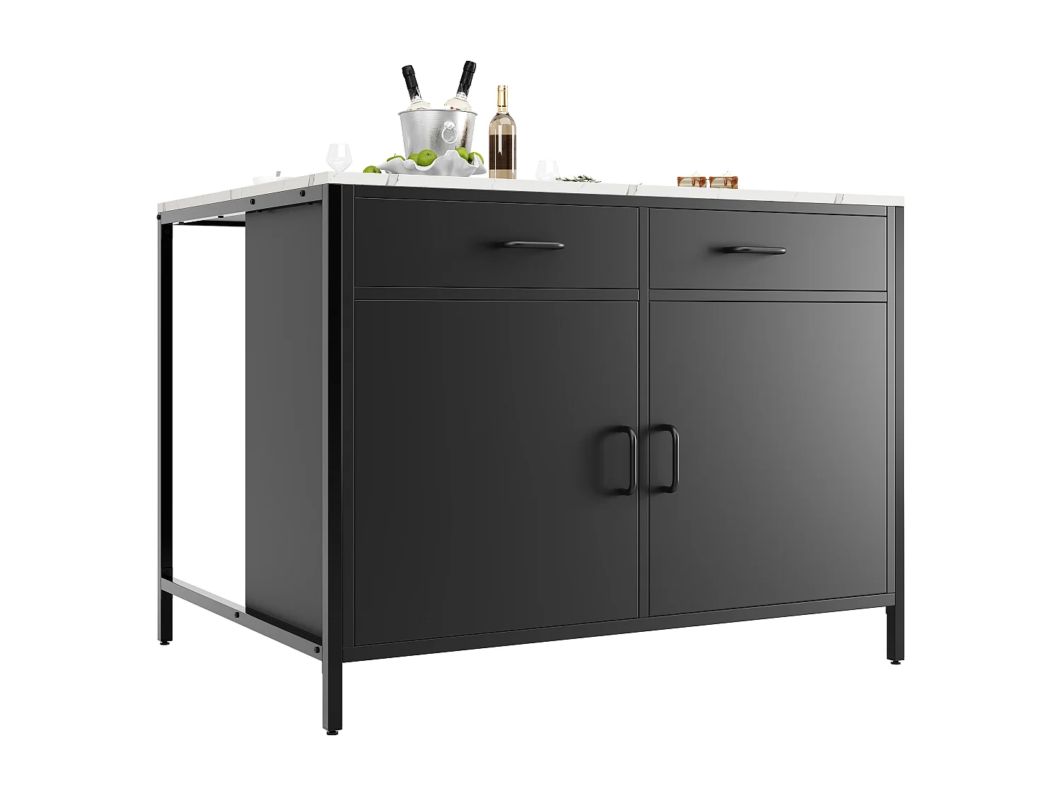 Ilot central de cuisine - 2 tiroirs et 2 portes - Texture de marbre - MDF - noir + blanc