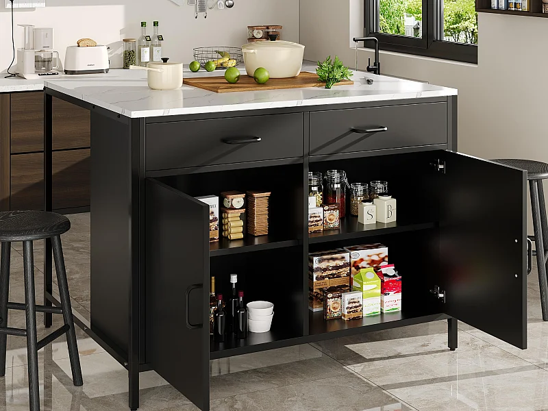 Ilot central de cuisine - 2 tiroirs et 2 portes - Texture de marbre - MDF - noir + blanc