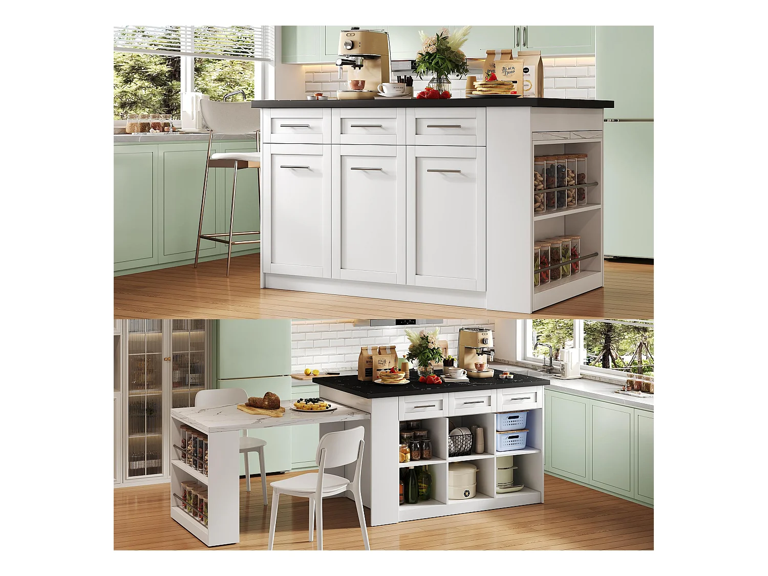 Ilot central de cuisine - avec 3 portes et 6 tiroirs - Plateau extensible - Étagères ouvertes - 2 à 6 personnes - Blanc+Noir