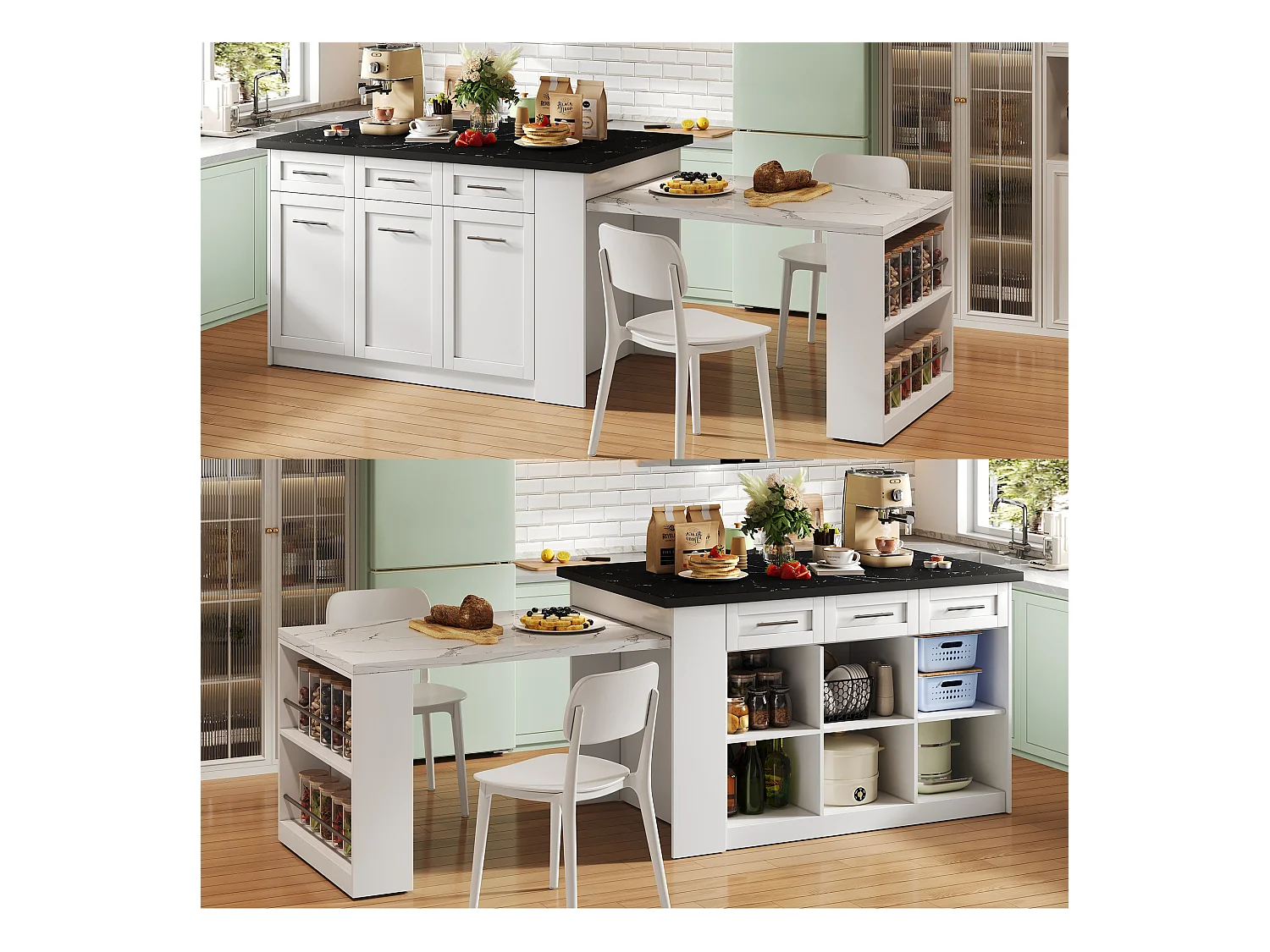 Ilot central de cuisine - avec 3 portes et 6 tiroirs - Plateau extensible - Étagères ouvertes - 2 à 6 personnes - Blanc+Noir