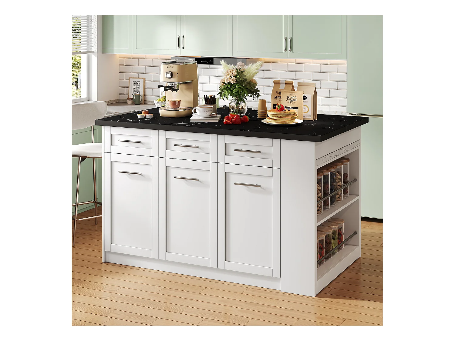 Ilot central de cuisine - avec 3 portes et 6 tiroirs - Plateau extensible - Étagères ouvertes - 2 à 6 personnes - Blanc+Noir