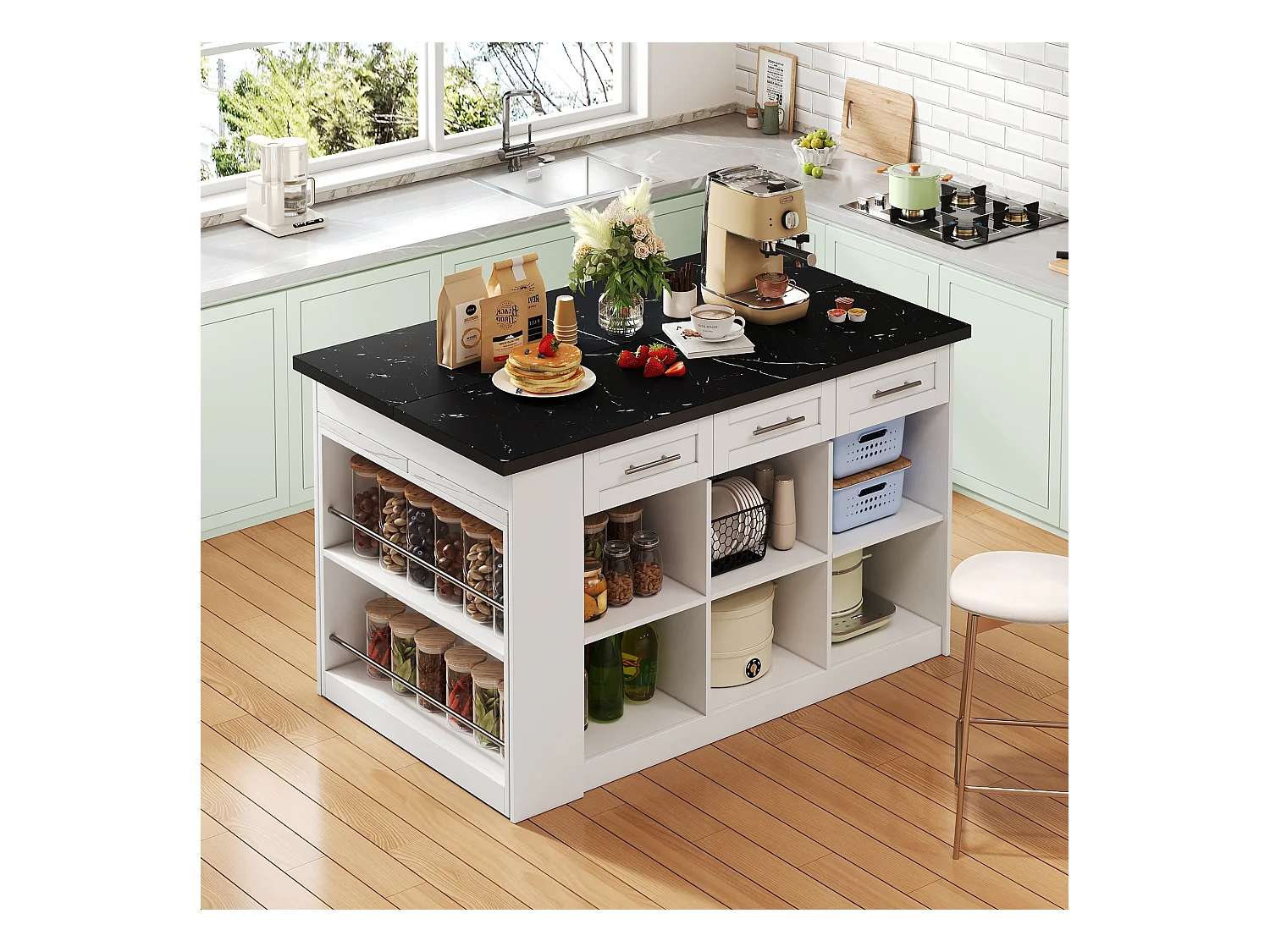 Ilot central de cuisine - avec 3 portes et 6 tiroirs - Plateau extensible - Étagères ouvertes - 2 à 6 personnes - Blanc+Noir