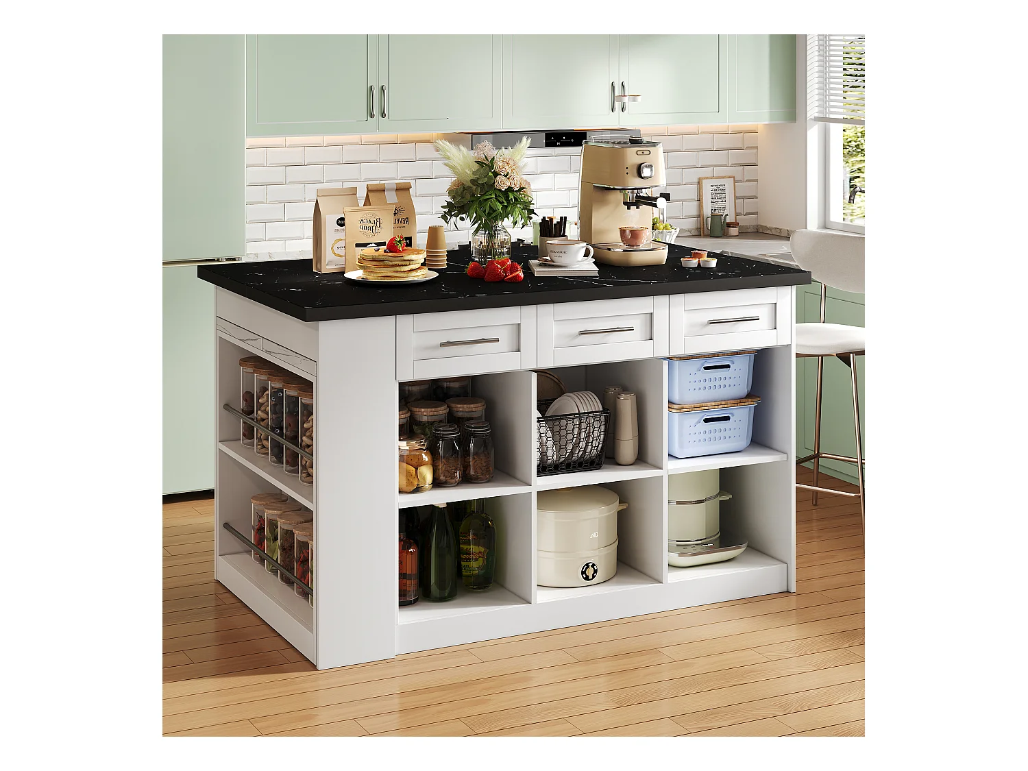 Ilot central de cuisine - avec 3 portes et 6 tiroirs - Plateau extensible - Étagères ouvertes - 2 à 6 personnes - Blanc+Noir