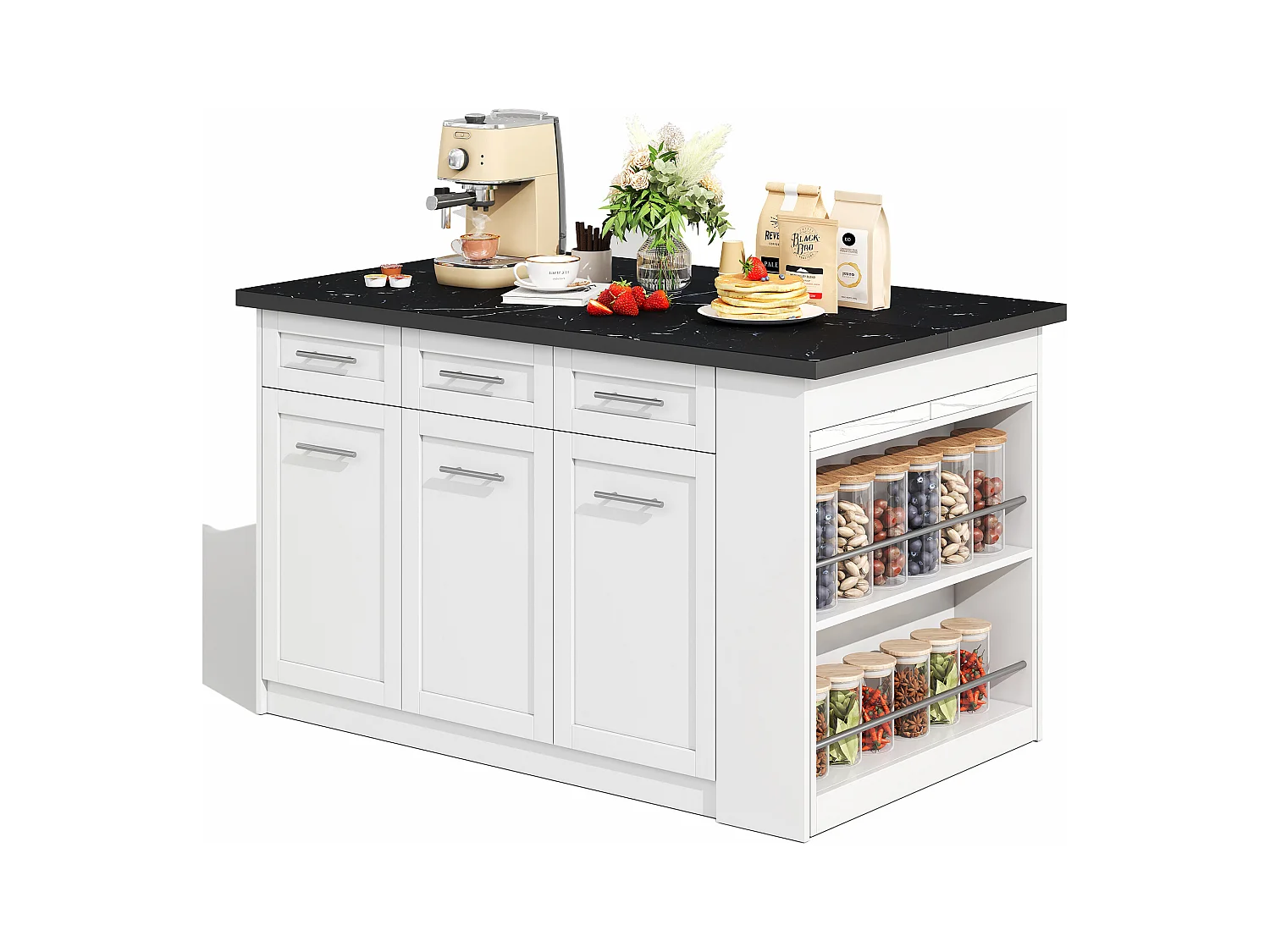 Ilot central de cuisine - avec 3 portes et 6 tiroirs - Plateau extensible - Étagères ouvertes - 2 à 6 personnes - Blanc+Noir