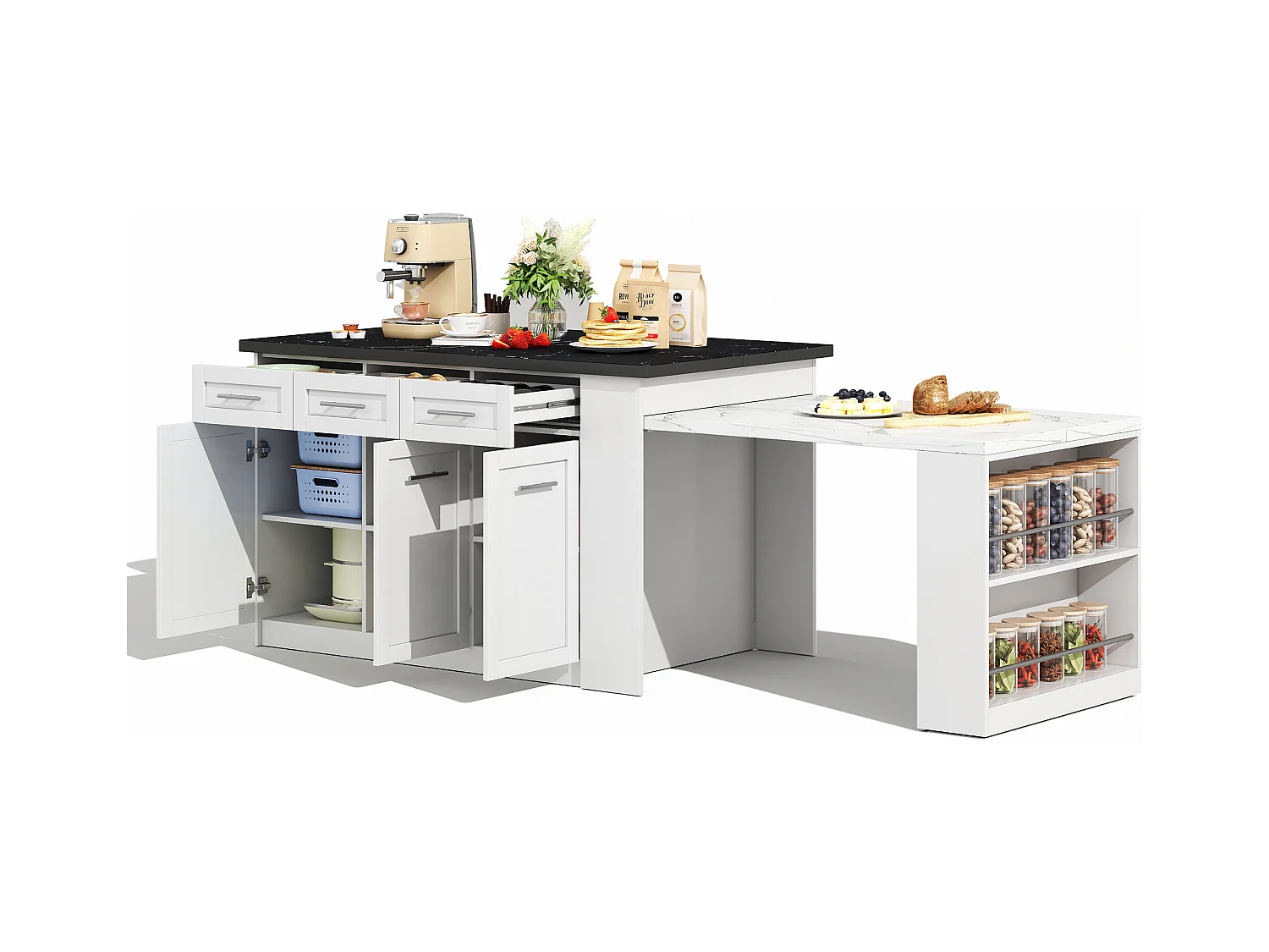 Ilot central de cuisine - avec 3 portes et 6 tiroirs - Plateau extensible - Étagères ouvertes - 2 à 6 personnes - Blanc+Noir