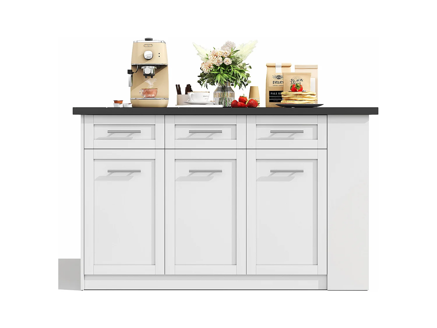 Ilot central de cuisine - avec 3 portes et 6 tiroirs - Plateau extensible - Étagères ouvertes - 2 à 6 personnes - Blanc+Noir