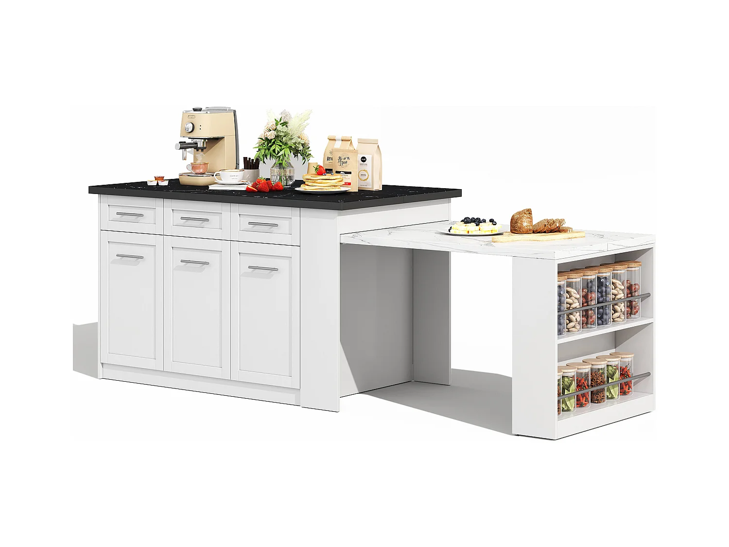 Ilot central de cuisine - avec 3 portes et 6 tiroirs - Plateau extensible - Étagères ouvertes - 2 à 6 personnes - Blanc+Noir